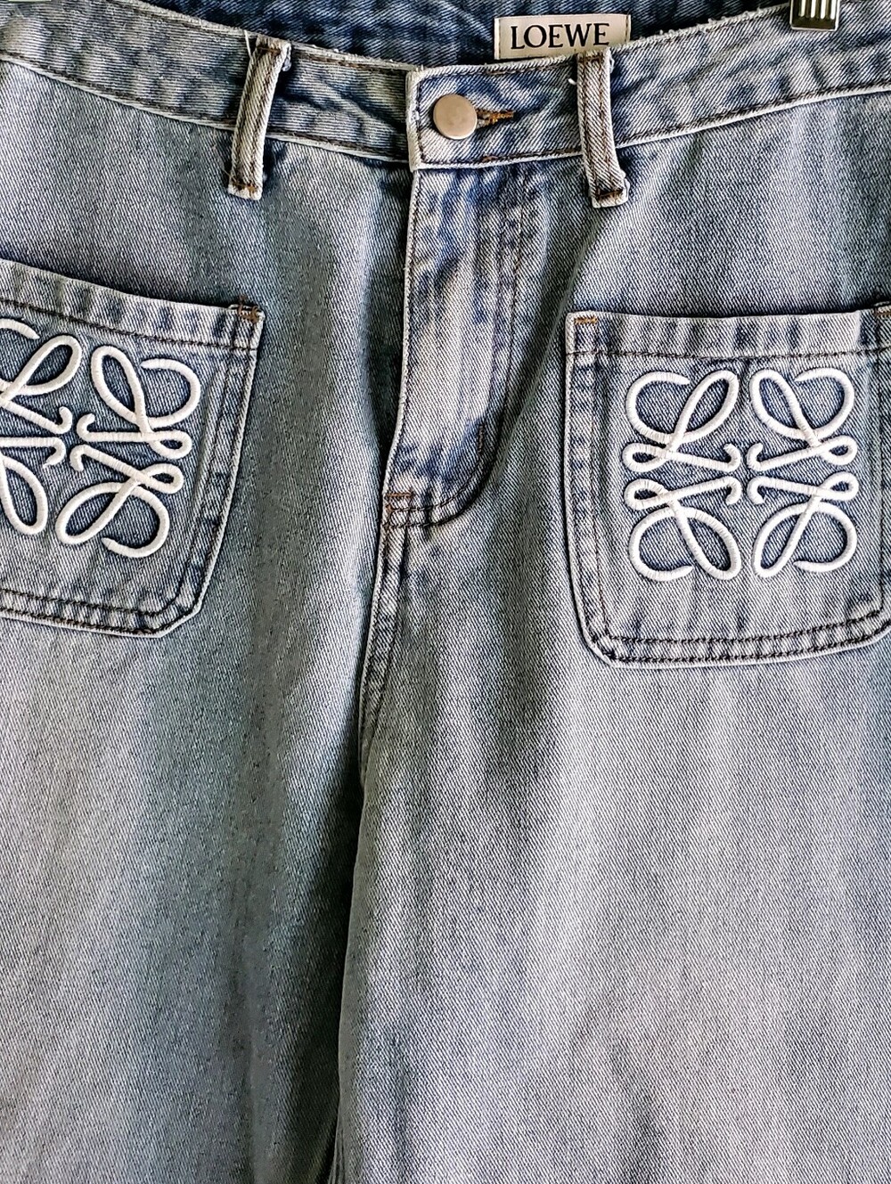Loewe Light Blue Straight-Leg Jeans with Embroidered Patch Pockets